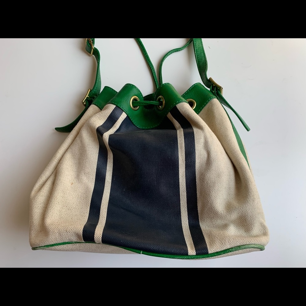 Auth J Crew canvas leather stripe green bucket bag